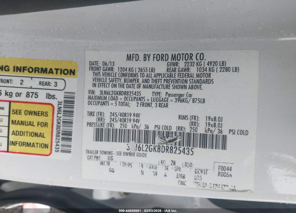 2013 LINCOLN MKZ VIN: 3LN6L2GK8DR825435