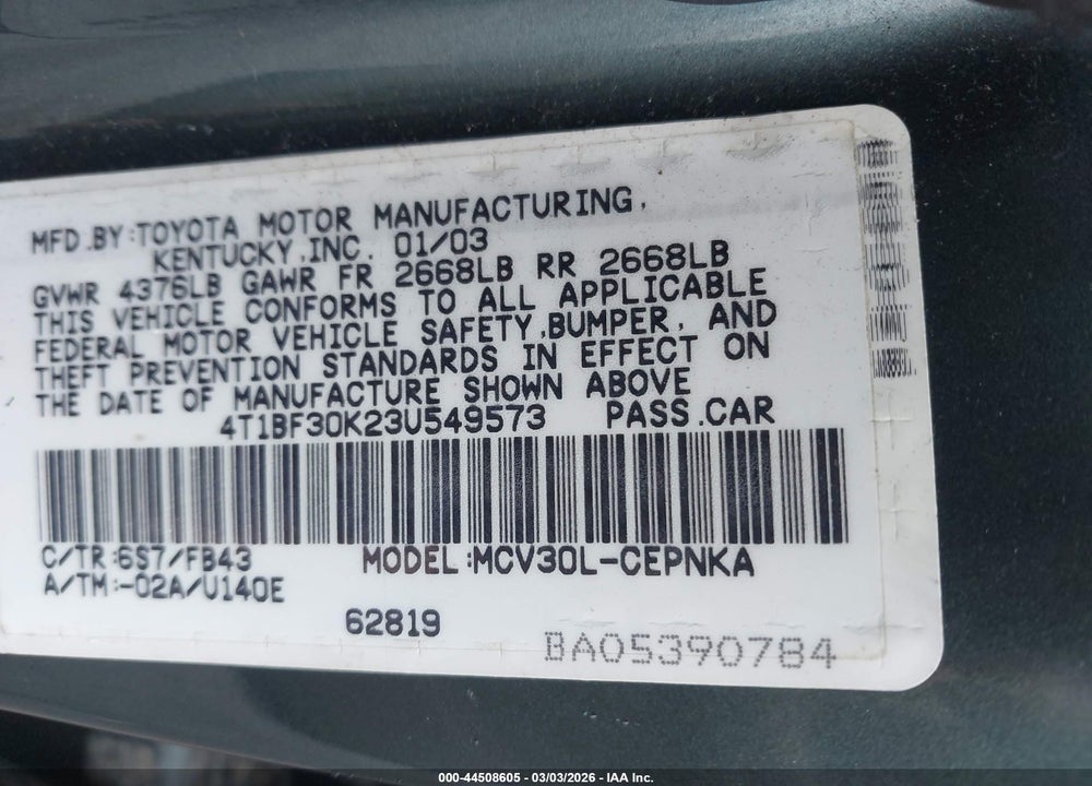 2003 TOYOTA CAMRY LE V6 VIN: 4T1BF30K23U549573