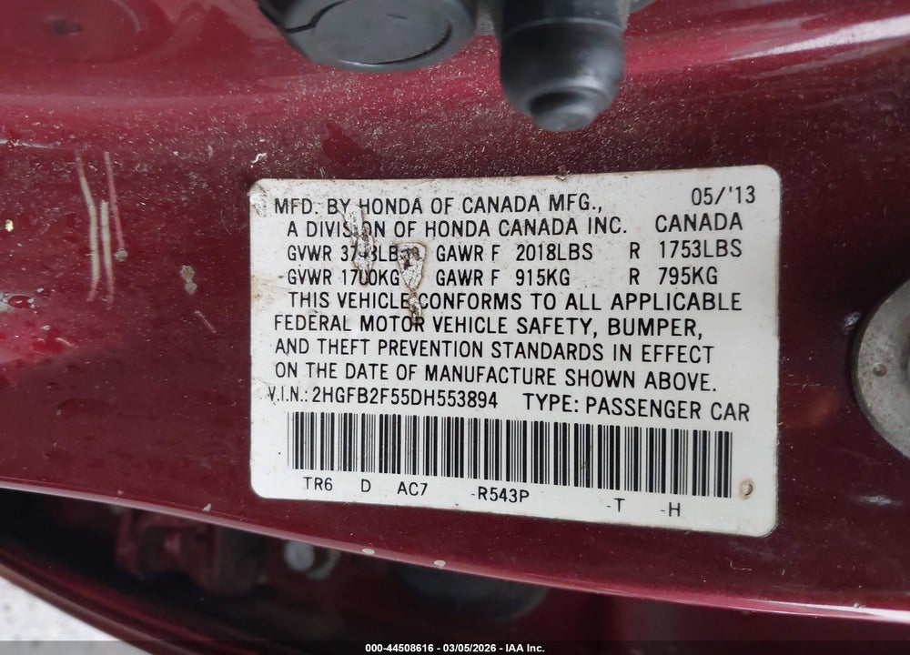 2013 HONDA CIVIC LX VIN: 2HGFB2F55DH553894