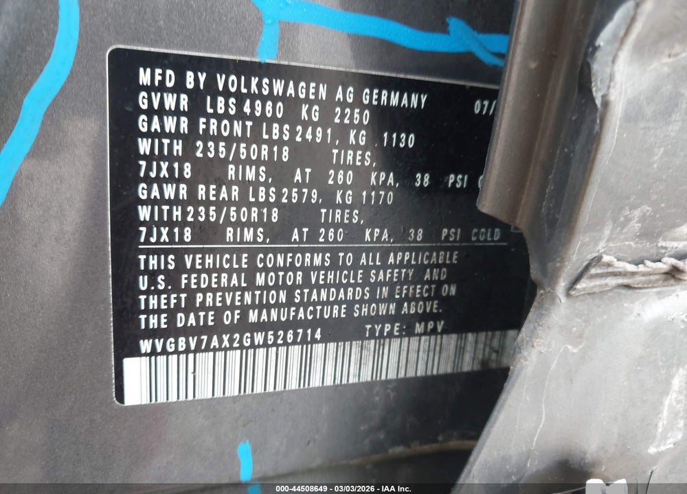 2016 VOLKSWAGEN TIGUAN SE VIN: WVGBV7AX2GW526714