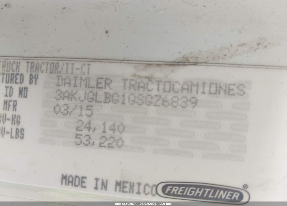 2016 FREIGHTLINER CASCADIA 125 VIN: 3AKJGLBG1GSGZ6839