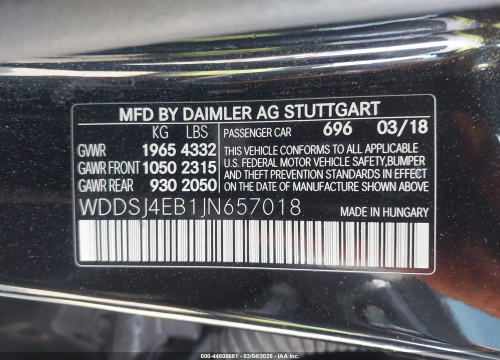 2018 MERCEDES-BENZ CLA 250 VIN: WDDSJ4EB1JN657018
