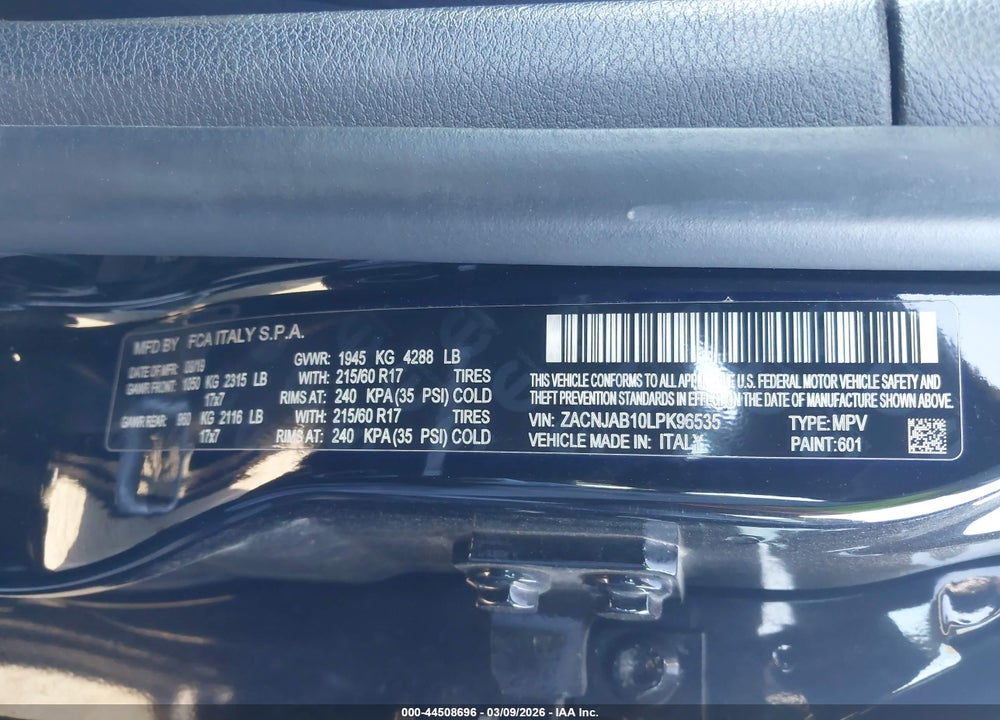 2020 JEEP RENEGADE LATITUDE FWD VIN: ZACNJAB10LPK96535