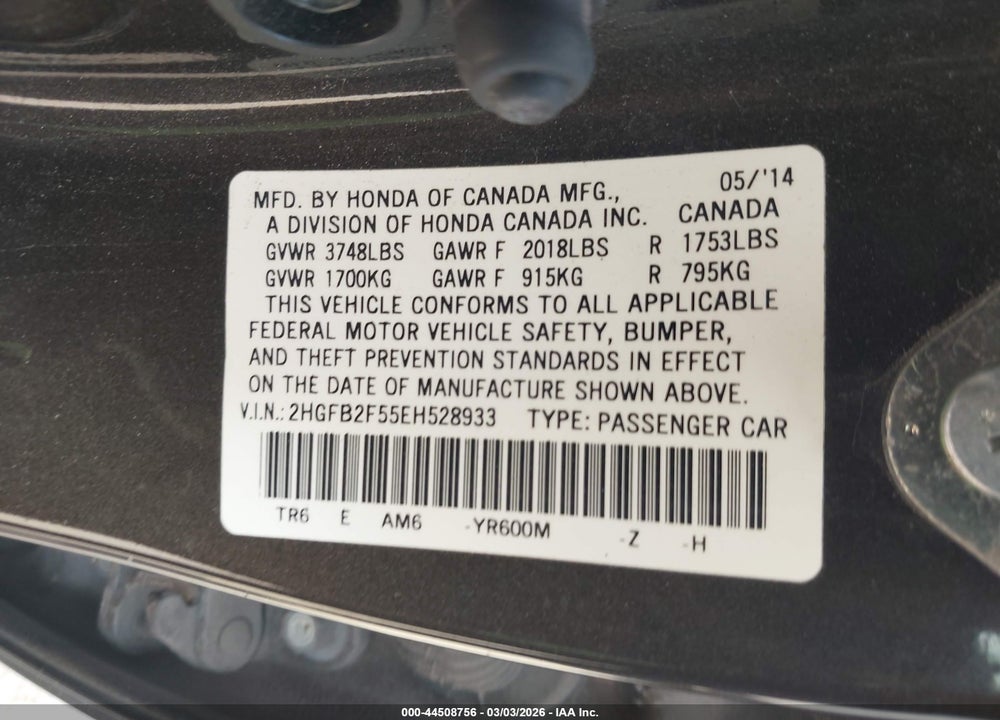 2014 HONDA CIVIC LX VIN: 2HGFB2F55EH528933