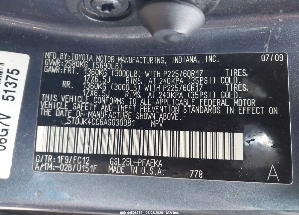 2010 TOYOTA SIENNA LE VIN: 5TDJK4CC6AS030081