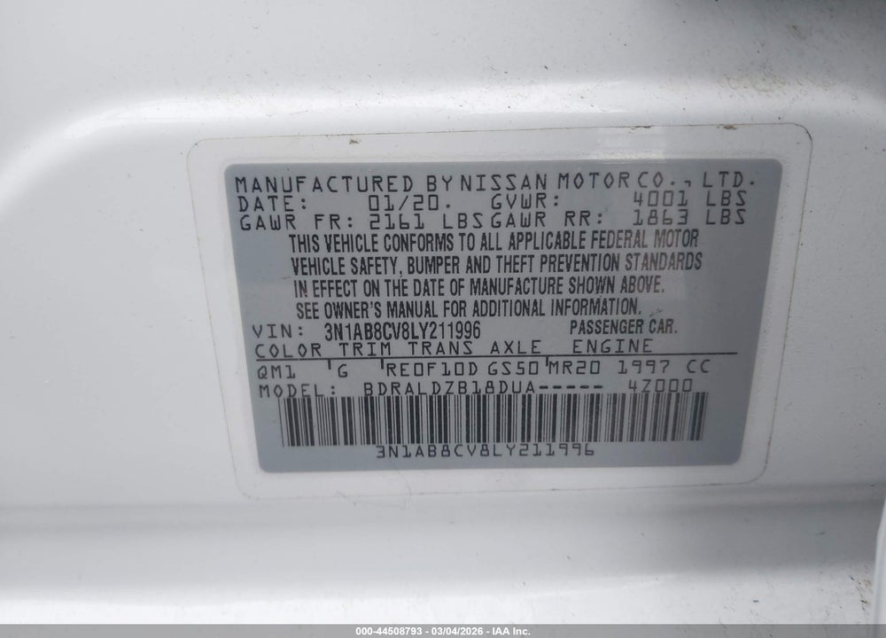 2020 NISSAN SENTRA SV XTRONIC CVT VIN: 3N1AB8CV8LY211996