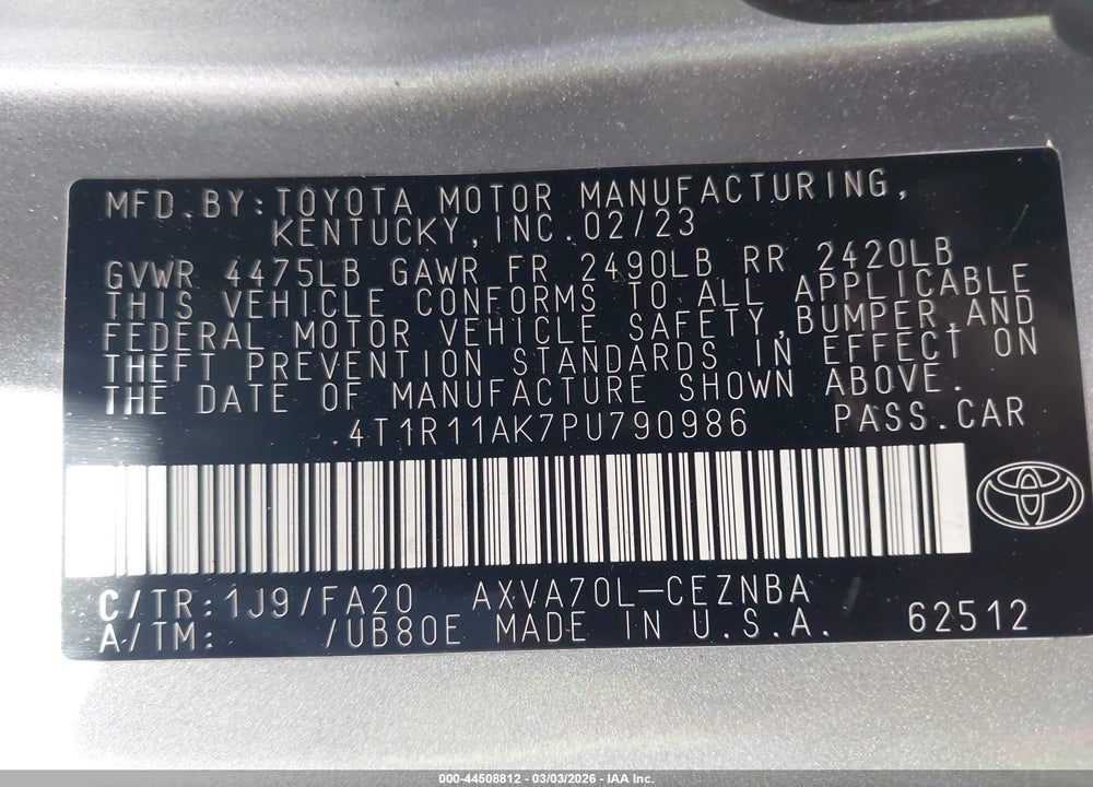 2023 TOYOTA CAMRY LE VIN: 4T1R11AK7PU790986