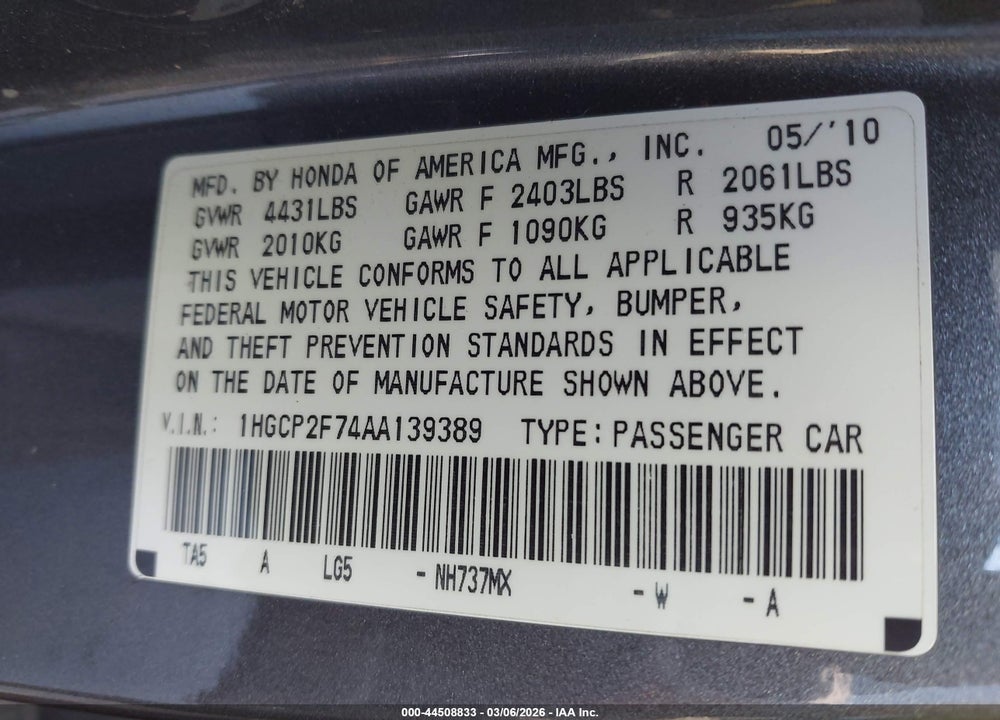 2010 HONDA ACCORD 2.4 EX VIN: 1HGCP2F74AA139389