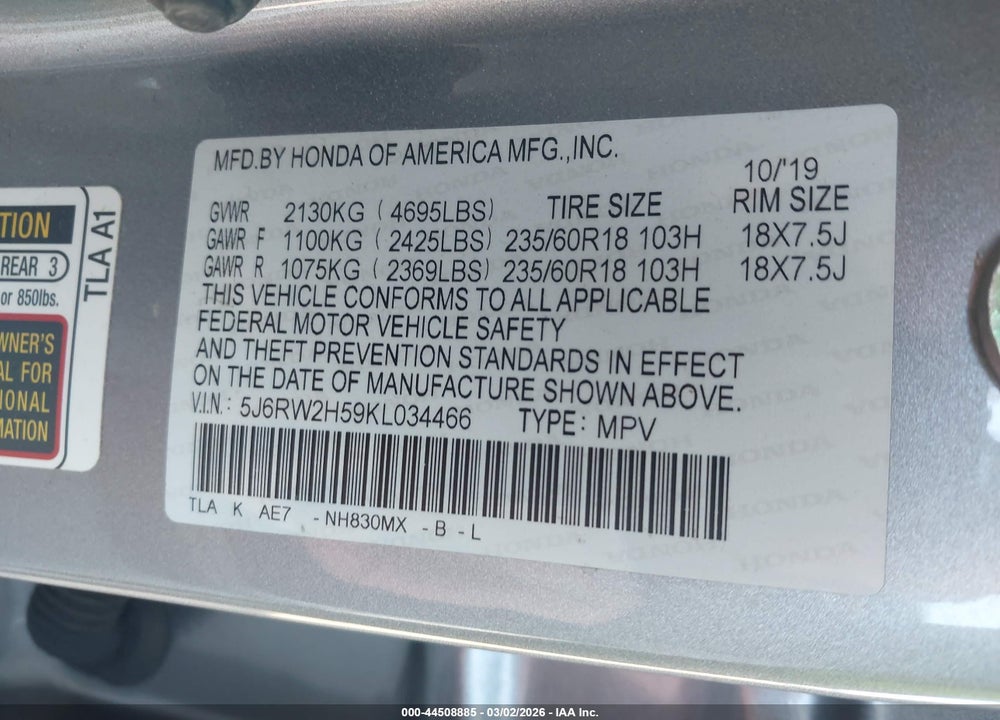 2019 HONDA CR-V EX VIN: 5J6RW2H59KL034466