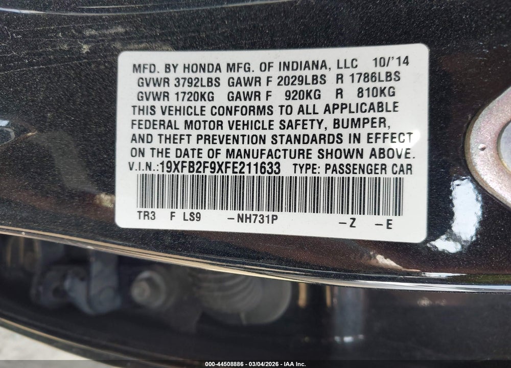 2015 HONDA CIVIC EX-L VIN: 19XFB2F9XFE211633