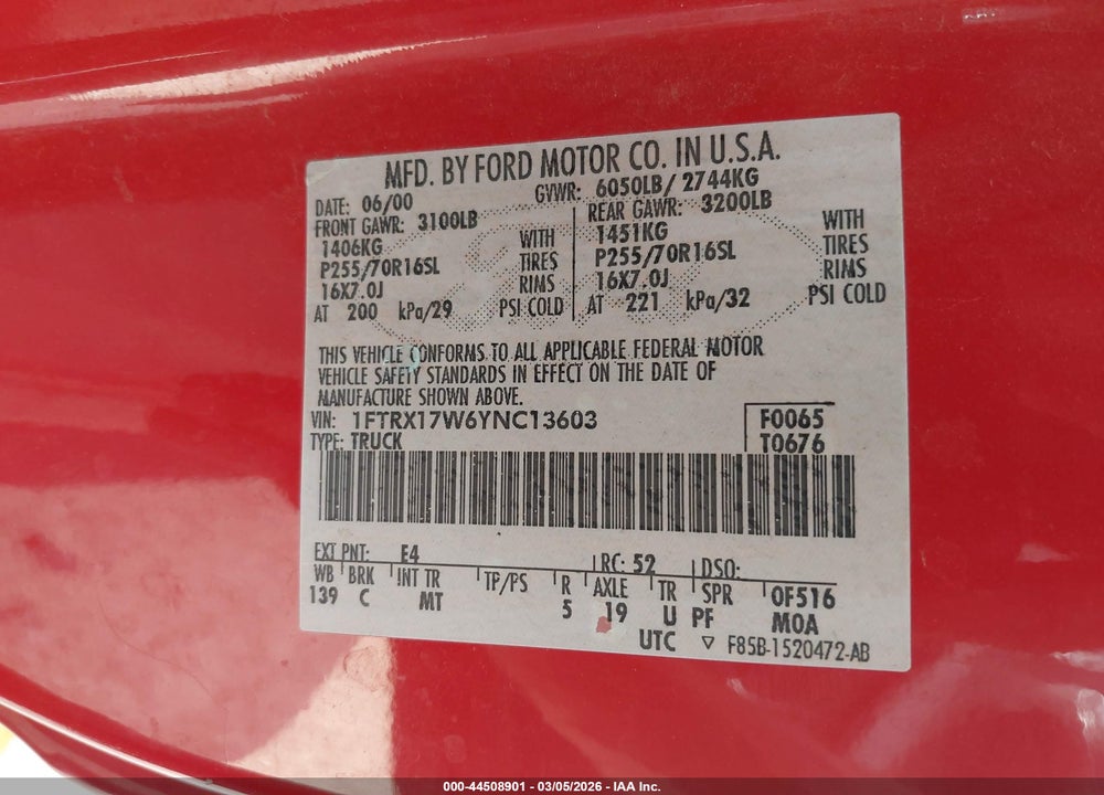 2000 FORD F-150 LARIAT/WORK SERIES/XL/XLT VIN: 1FTRX17W6YNC13603