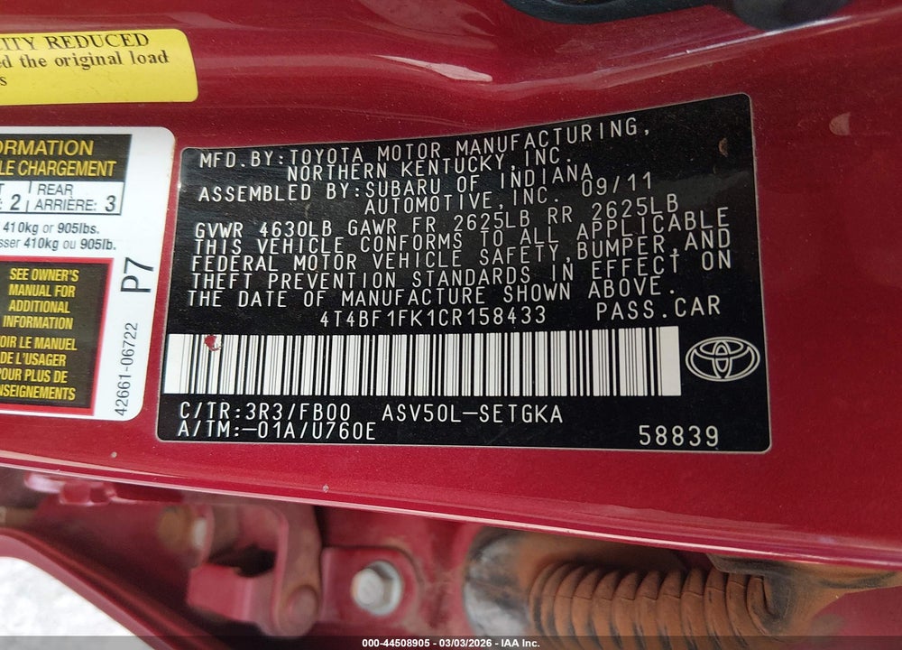 2012 TOYOTA CAMRY XLE VIN: 4T4BF1FK1CR158433