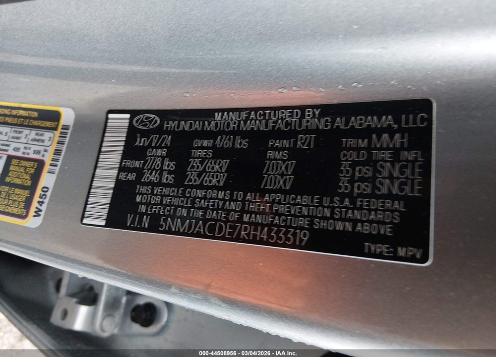 2024 HYUNDAI TUCSON SE VIN: 5NMJACDE7RH433319