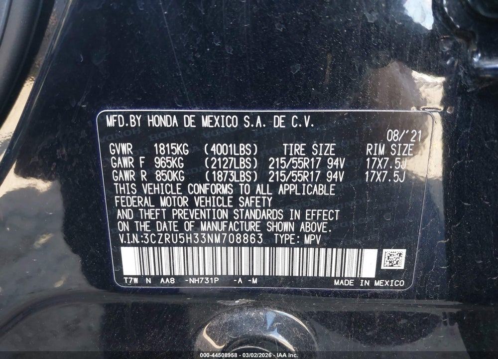 2022 HONDA HR-V 2WD LX VIN: 3CZRU5H33NM708863