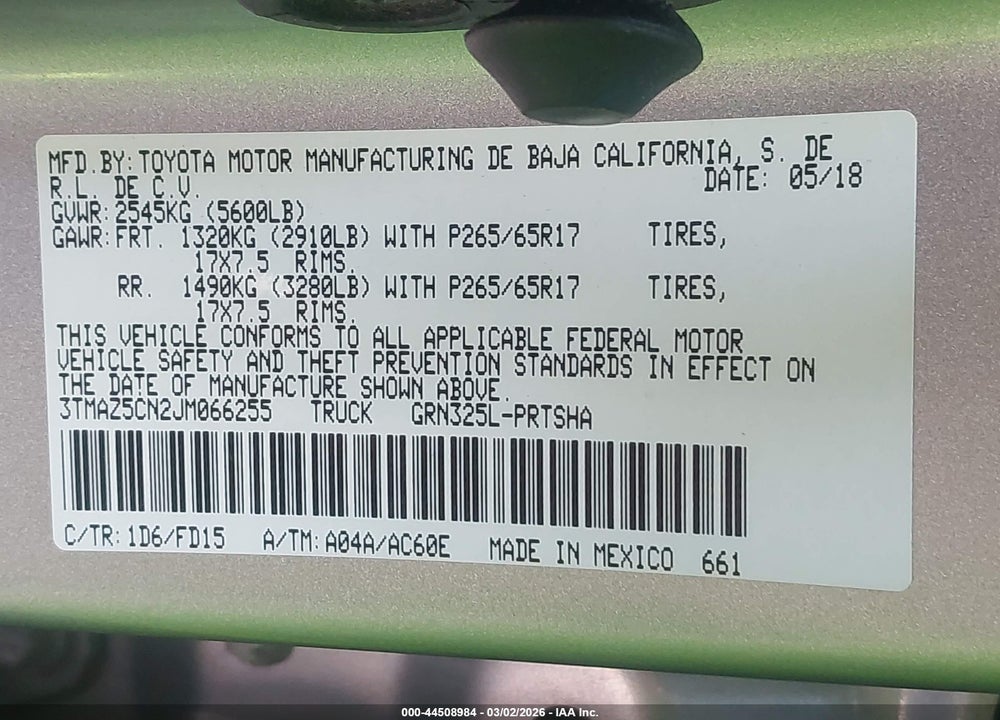 2018 TOYOTA TACOMA TRD SPORT VIN: 3TMAZ5CN2JM066255