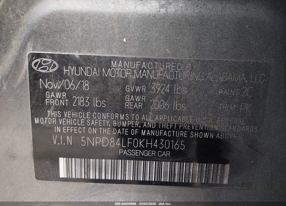 2019 HYUNDAI ELANTRA SEL VIN: 5NPD84LF0KH430165