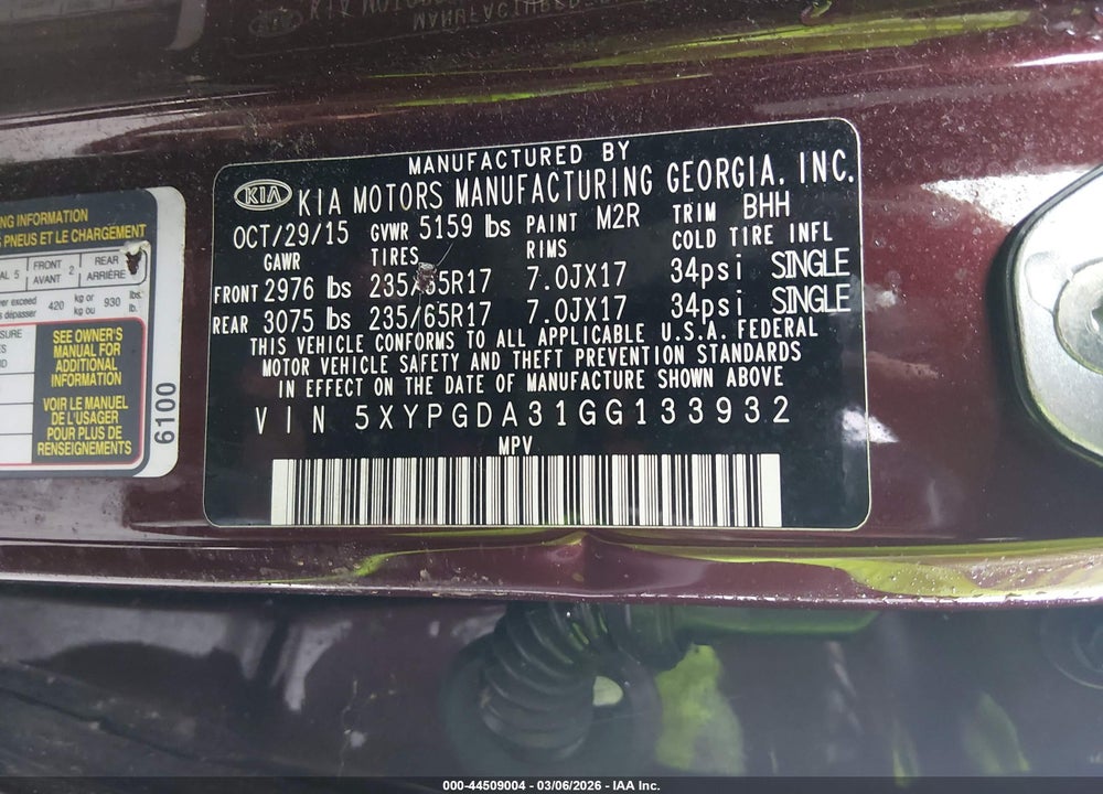 2016 KIA SORENTO 2.4L LX VIN: 5XYPGDA31GG133932