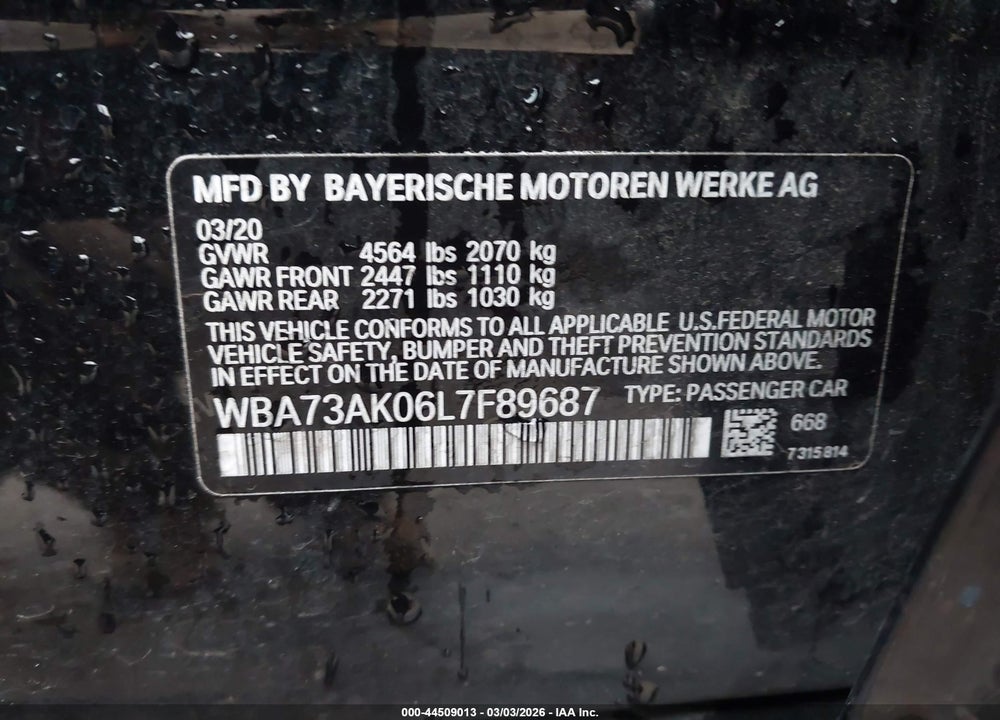 2020 BMW 228I GRAN COUPE XDRIVE VIN: WBA73AK06L7F89687