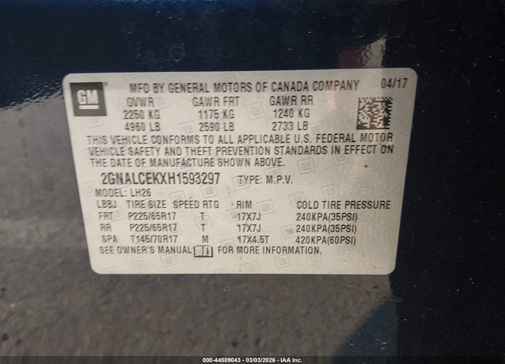 2017 CHEVROLET EQUINOX LT VIN: 2GNALCEKXH1593297
