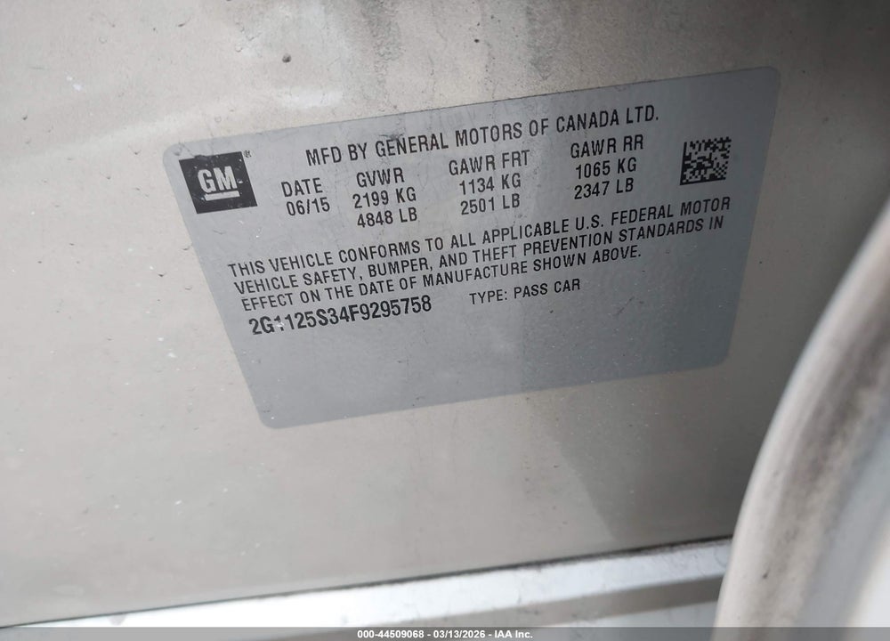 2015 CHEVROLET IMPALA 2LT VIN: 2G1125S34F9295758