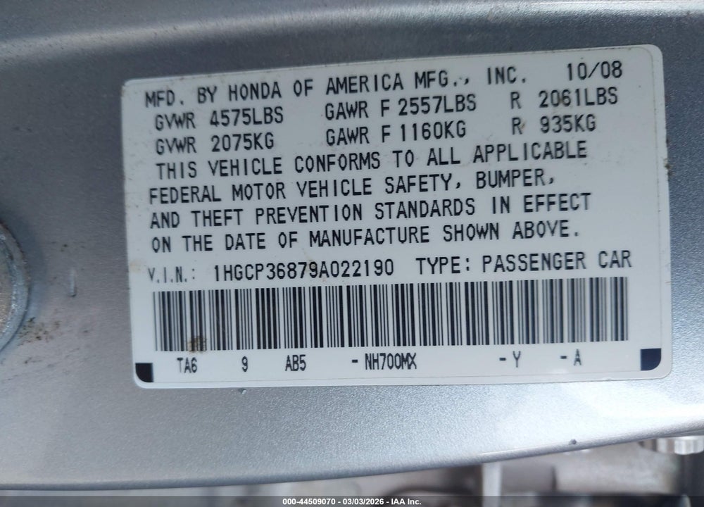 2009 HONDA ACCORD 3.5 EX-L VIN: 1HGCP36879A022190