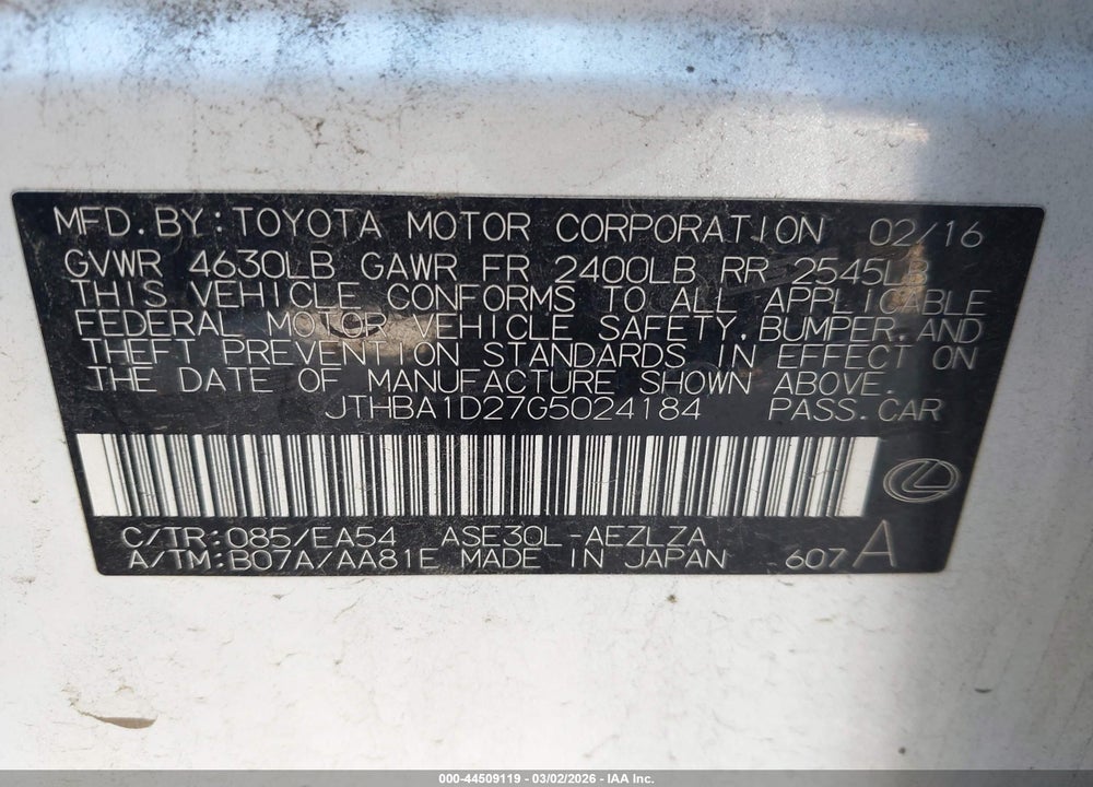2016 LEXUS IS 200T VIN: JTHBA1D27G5024184