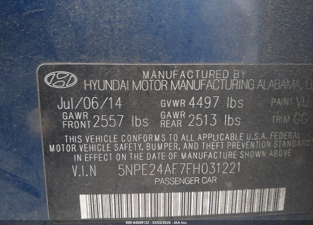 2015 HYUNDAI SONATA SE VIN: 5NPE24AF7FH031221