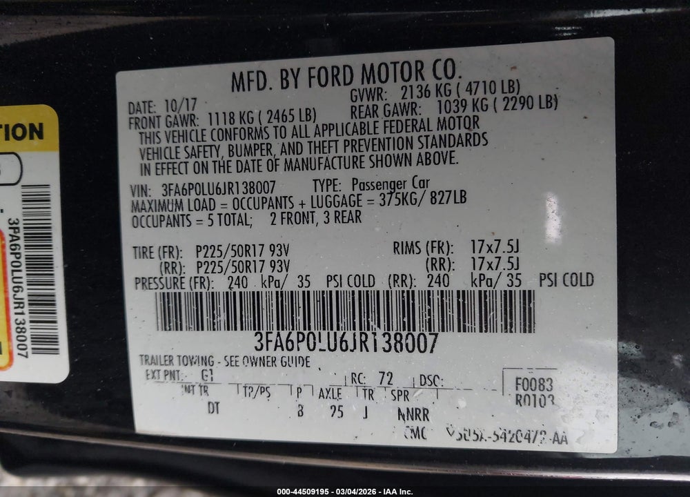 2018 FORD FUSION HYBRID SE VIN: 3FA6P0LU6JR138007