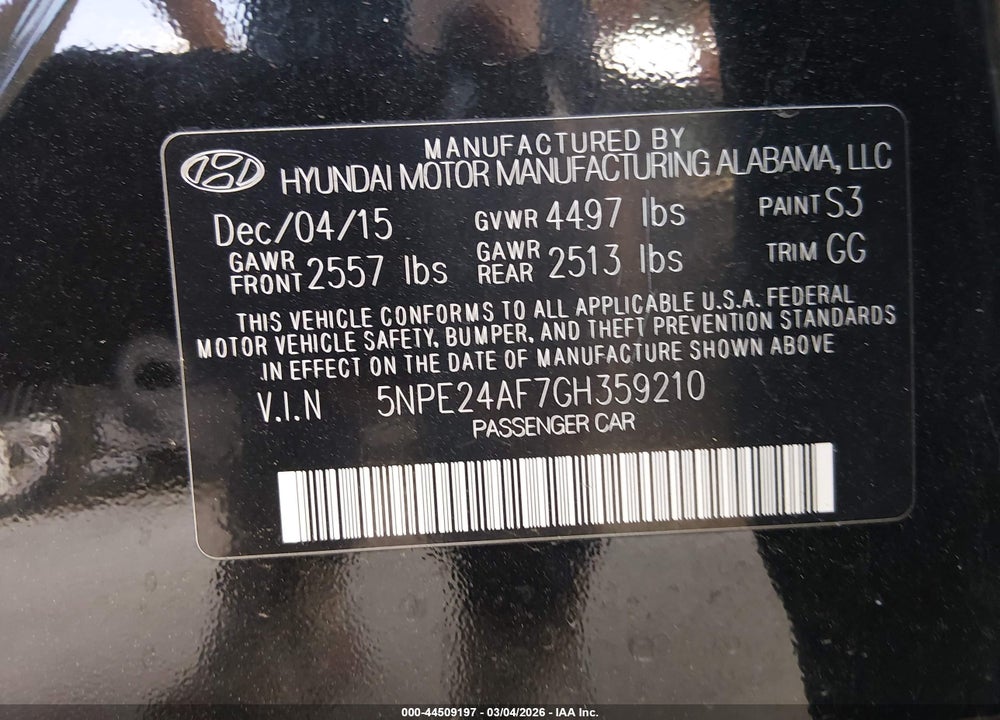 2016 HYUNDAI SONATA VIN: 5NPE24AF7GH359210