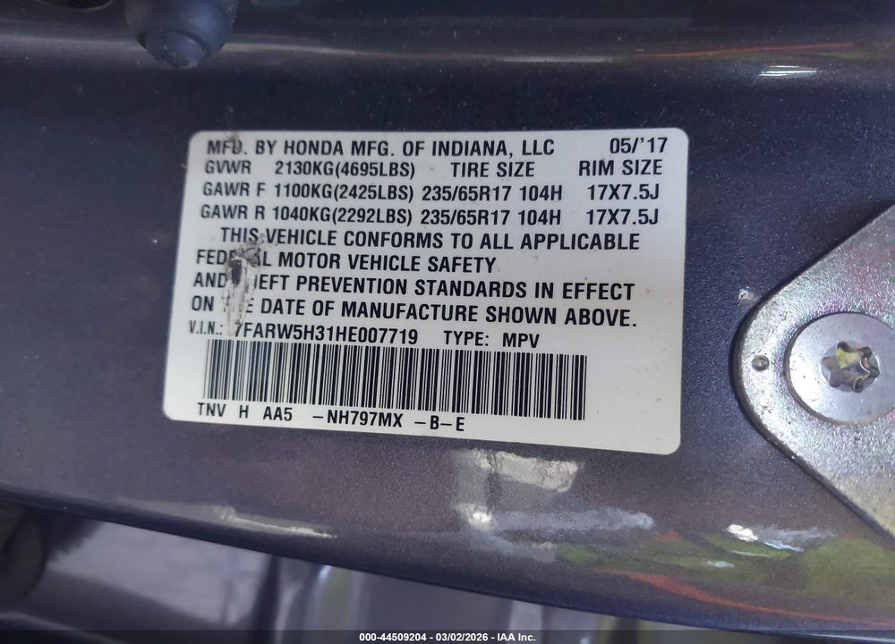 2017 HONDA CR-V LX VIN: 7FARW5H31HE007719