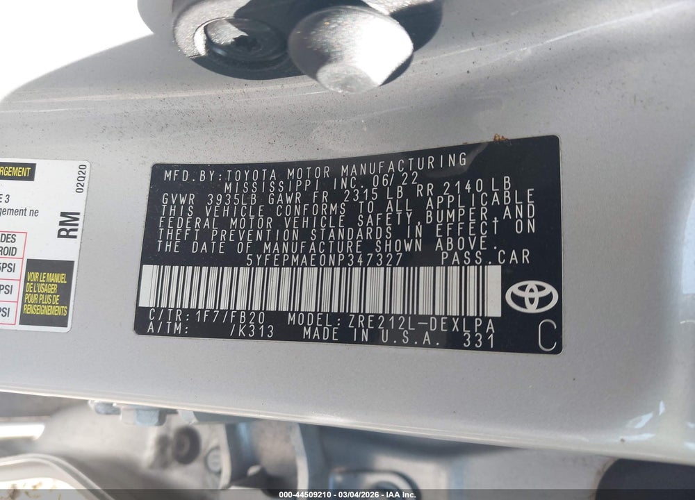 2022 TOYOTA COROLLA LE VIN: 5YFEPMAE0NP347327