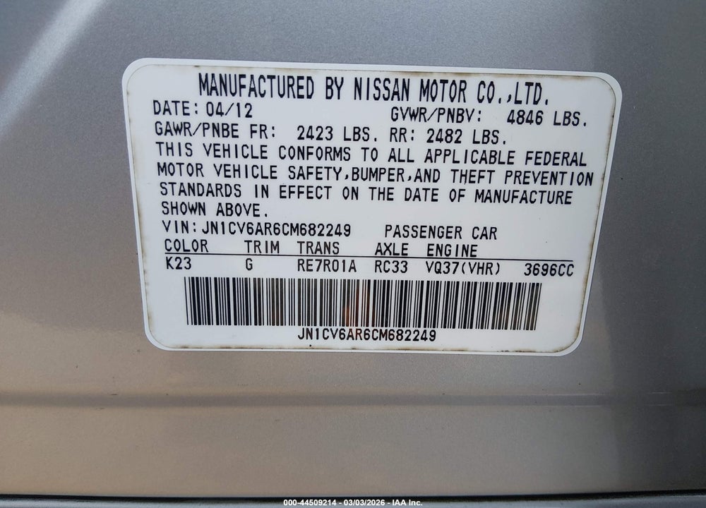 2012 INFINITI G37X VIN: JN1CV6AR6CM682249