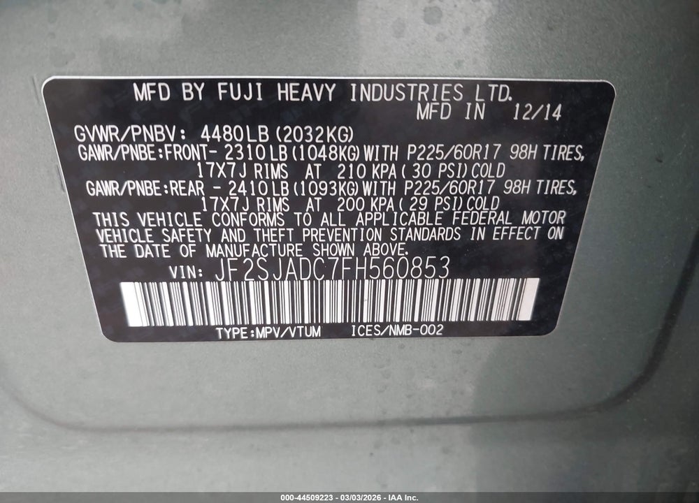 2015 SUBARU FORESTER 2.5I PREMIUM VIN: JF2SJADC7FH560853