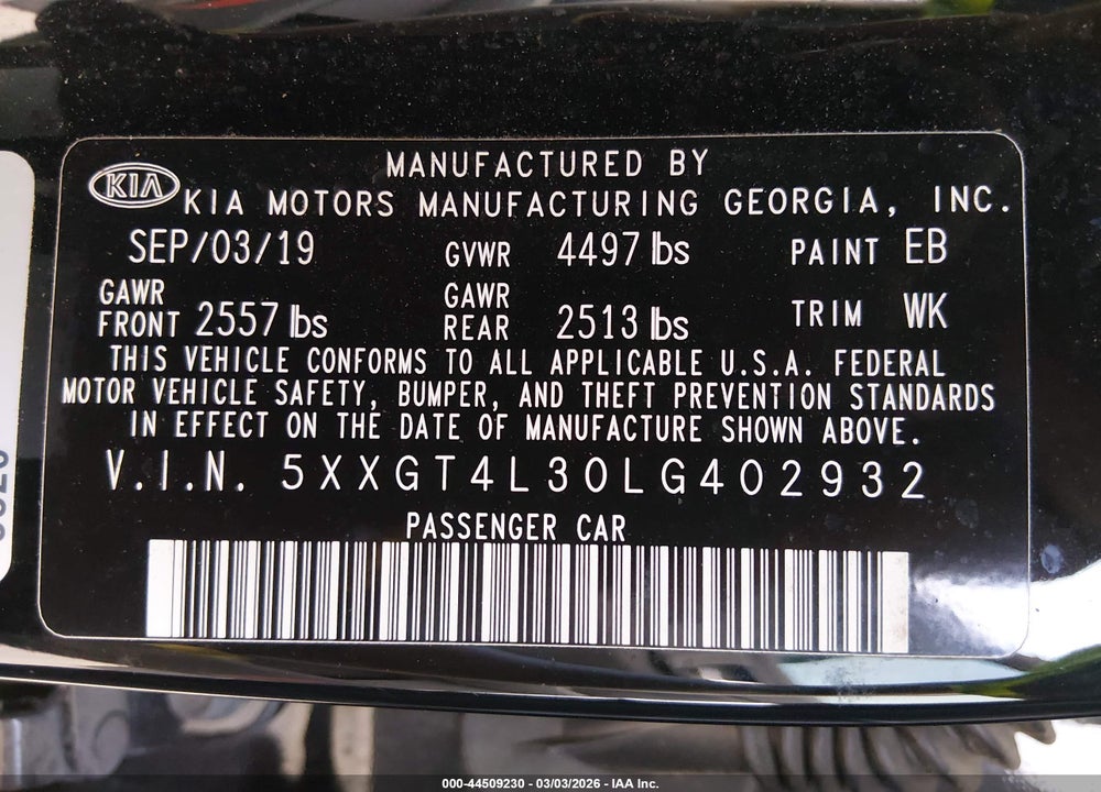 2020 KIA OPTIMA S VIN: 5XXGT4L30LG402932