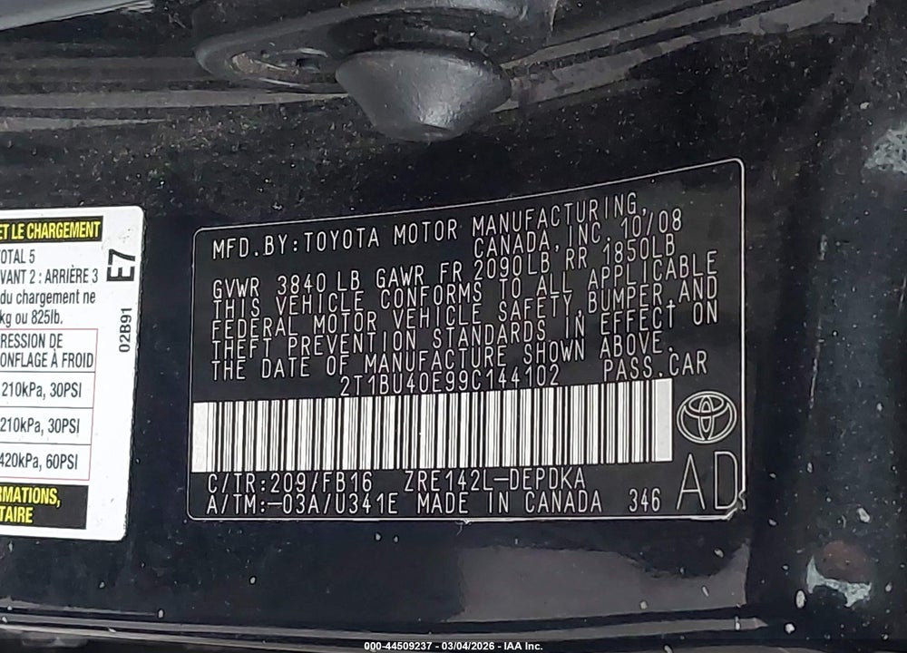 2009 TOYOTA COROLLA LE VIN: 2T1BU40E99C144102