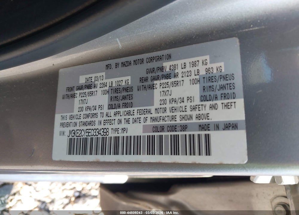 2014 MAZDA CX-5 TOURING VIN: JM3KE2CY5E0334398