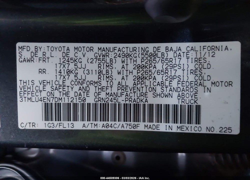 2013 TOYOTA TACOMA BASE V6 VIN: 3TMLU4EN7DM112150