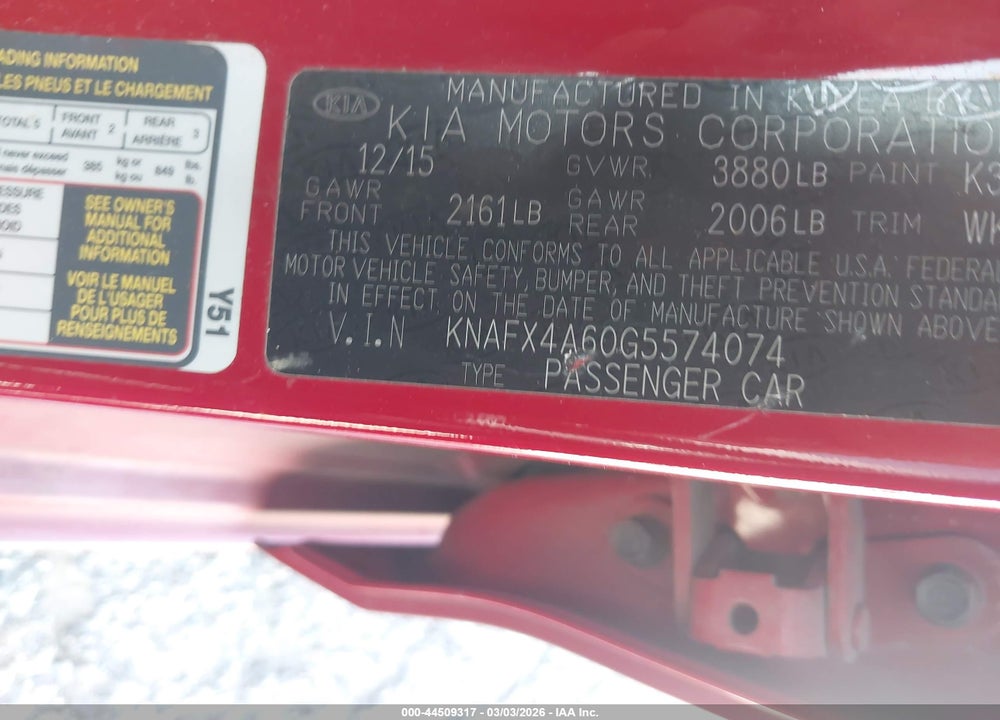 2016 KIA FORTE LX VIN: KNAFX4A60G5574074