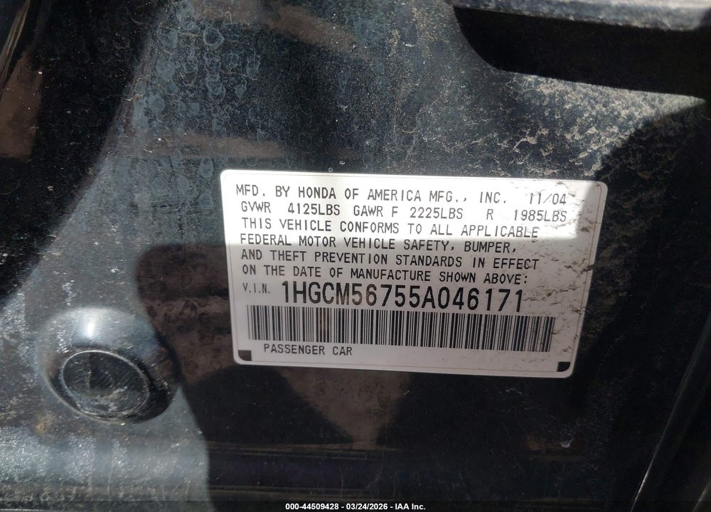 2005 HONDA ACCORD 2.4 EX VIN: 1HGCM56755A046171