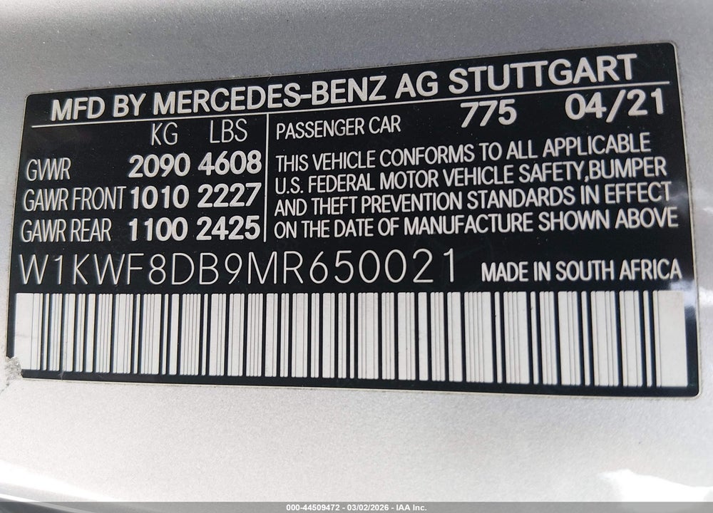 2021 MERCEDES-BENZ C 300 SEDAN VIN: W1KWF8DB9MR650021