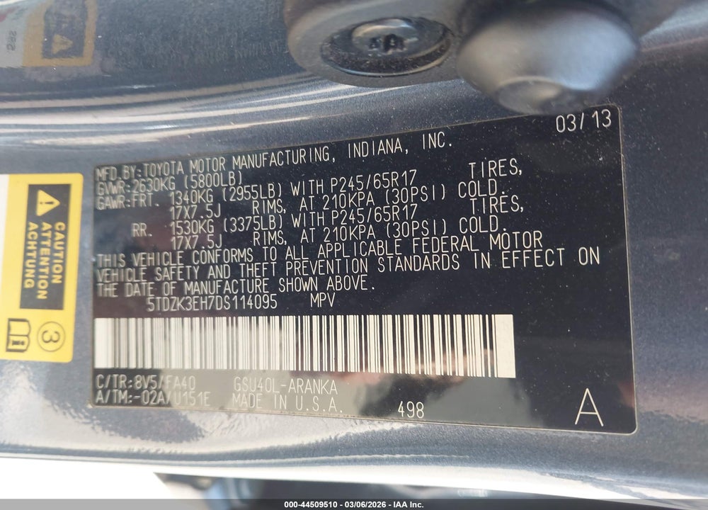 2013 TOYOTA HIGHLANDER BASE PLUS V6 VIN: 5TDZK3EH7DS114095