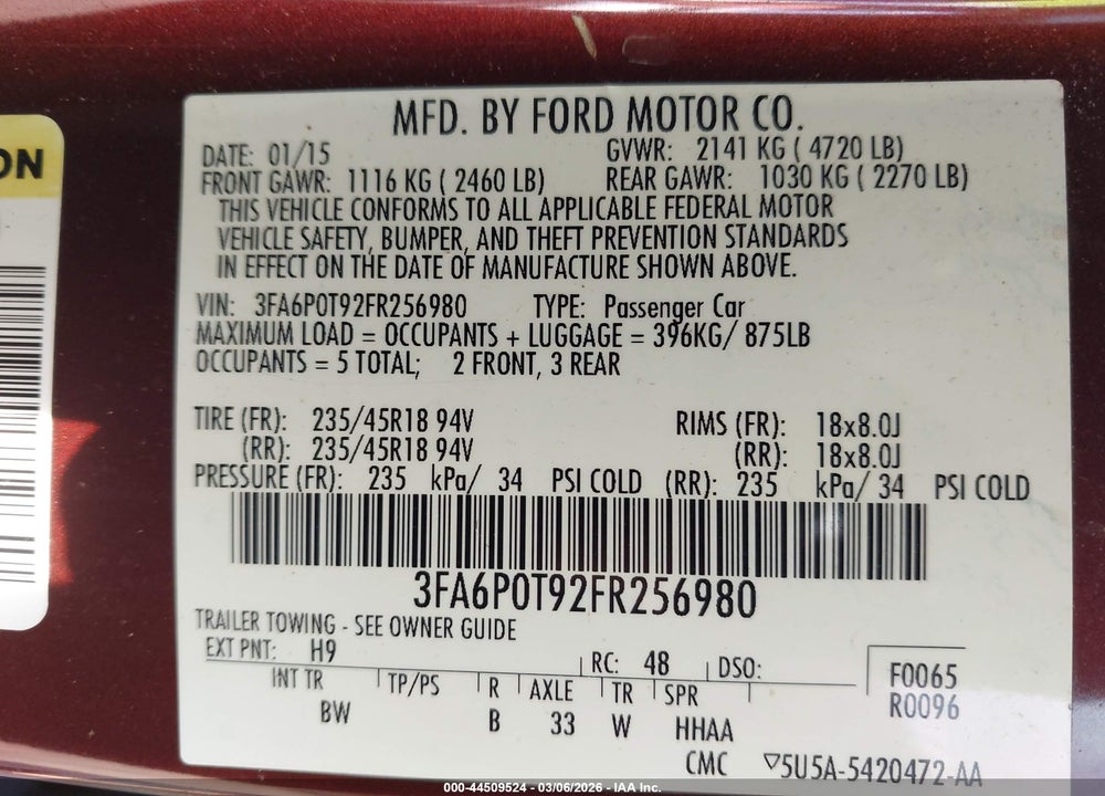 2015 FORD FUSION SE VIN: 3FA6P0T92FR256980