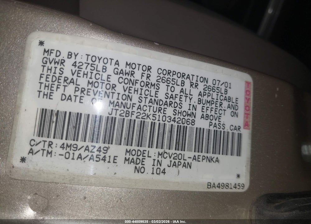 2001 TOYOTA CAMRY LE V6 VIN: JT2BF22K510342068