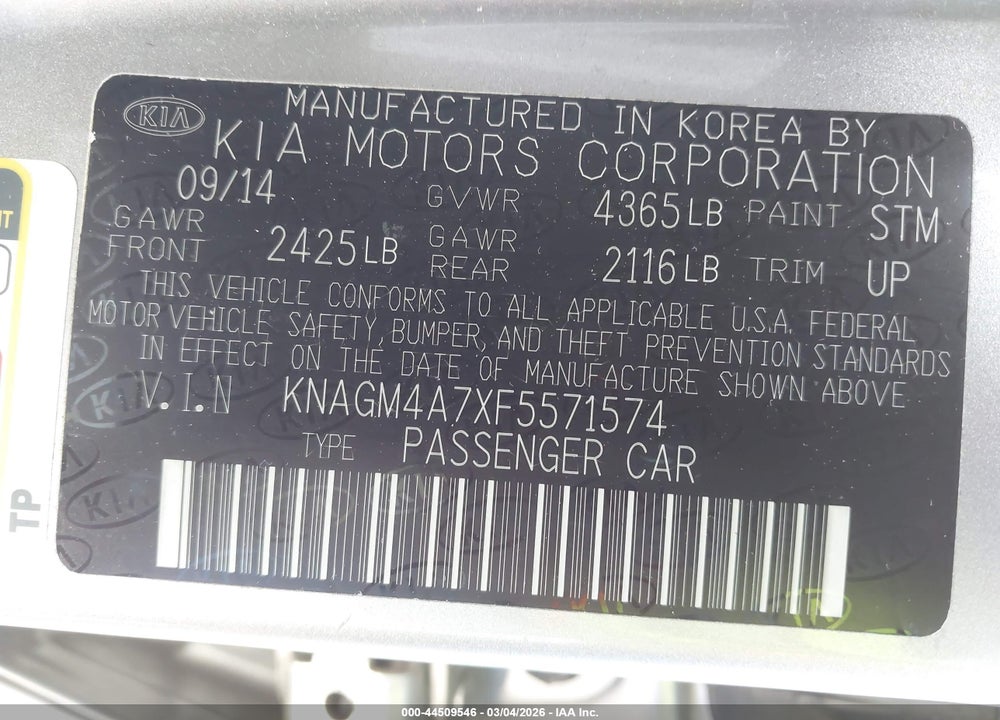 2015 KIA OPTIMA LX VIN: KNAGM4A7XF5571574