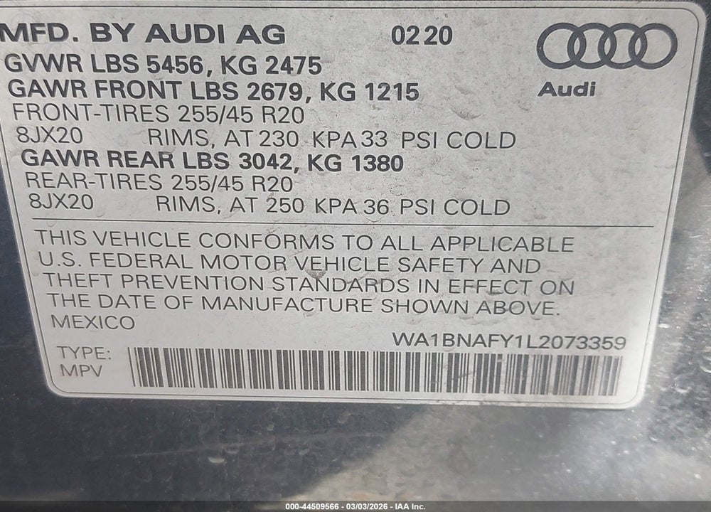 2020 AUDI Q5 PREMIUM PLUS 45 TFSI QUATTRO S TRONIC VIN: WA1BNAFY1L2073359