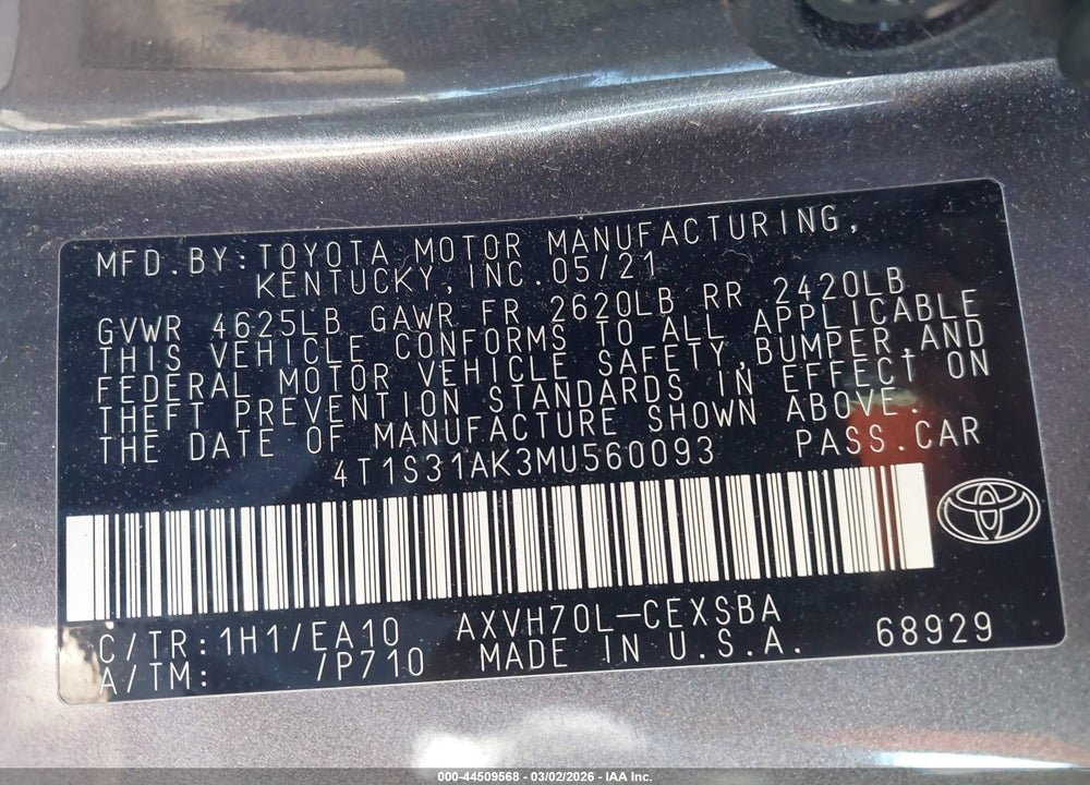 2021 TOYOTA CAMRY SE HYBRID VIN: 4T1S31AK3MU560093