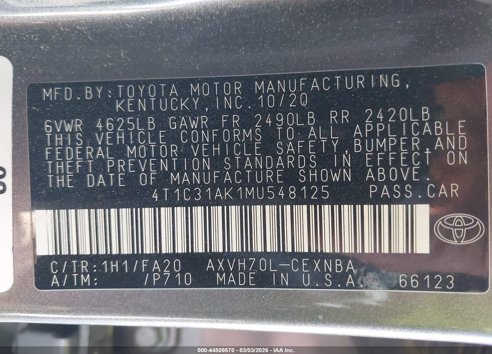 2021 TOYOTA CAMRY LE HYBRID VIN: 4T1C31AK1MU548125