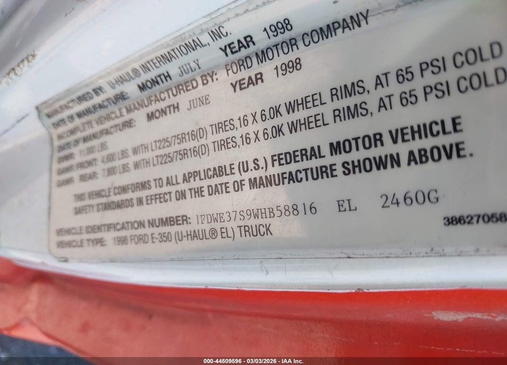 1998 FORD ECONOLINE RV CUTAWAY STANDARD VIN: 1FDWE37S9WHB58816