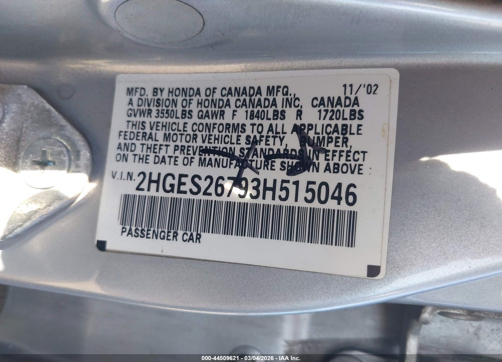2003 HONDA CIVIC EX VIN: 2HGES26793H515046