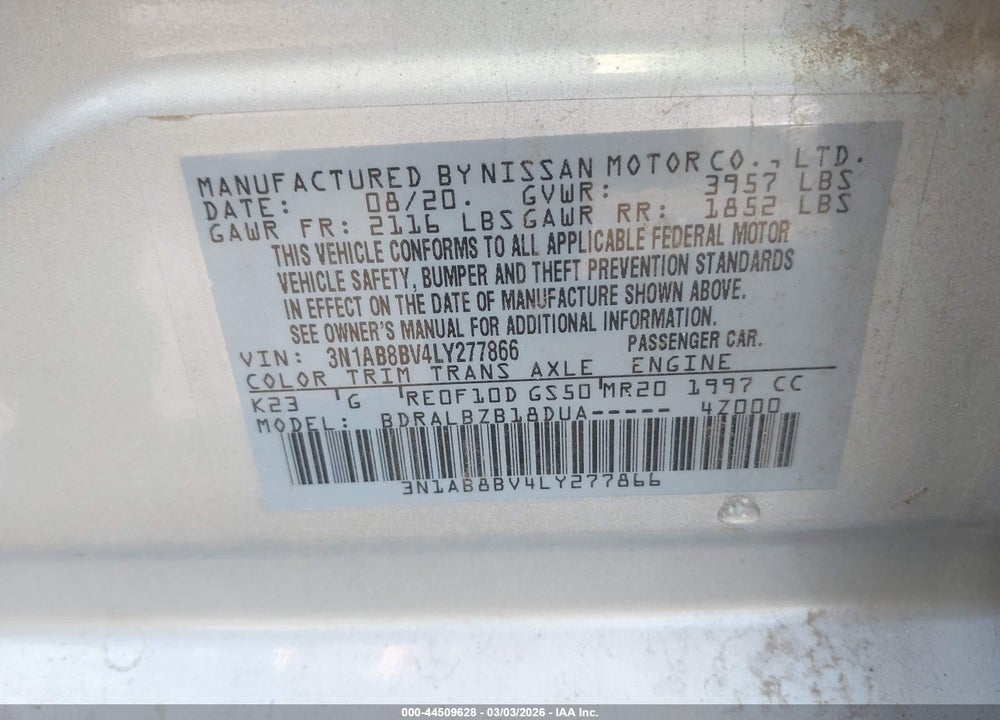 2020 NISSAN SENTRA S XTRONIC CVT VIN: 3N1AB8BV4LY277866